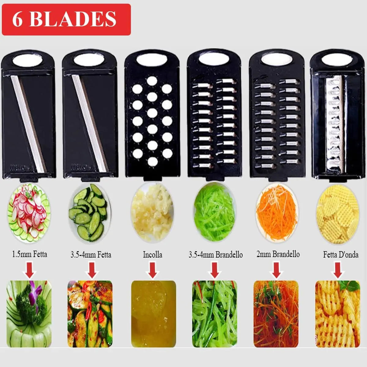 Trancheuse Mandoline, Coupe-légumes, Broyeur de Nourriture, Hachoir à Râpe, 6 Lames Tranchantes en Acier Inoxydable Interchangeables Avec Eplucheur, Protège-main de Sécurité Simply smoothies